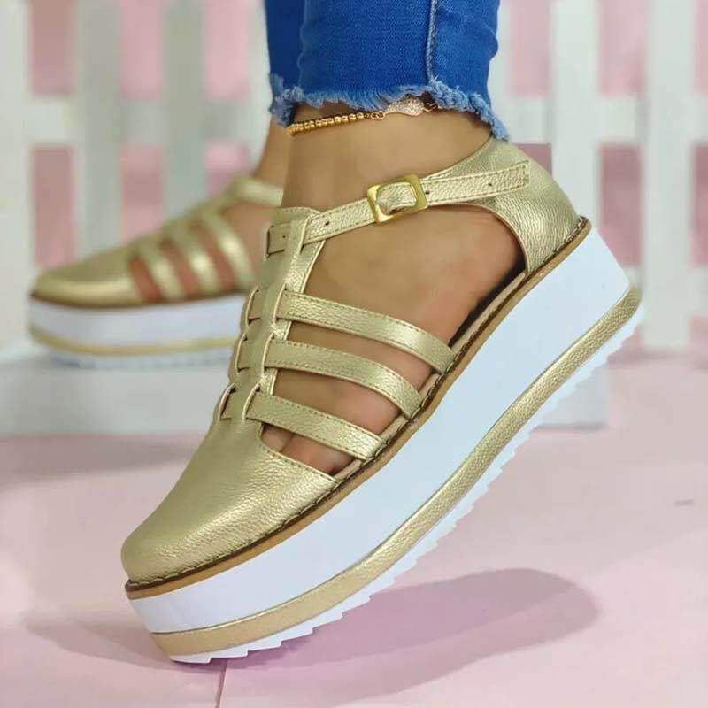 Women's Solid Color Muffin Metal Buckle Sandals